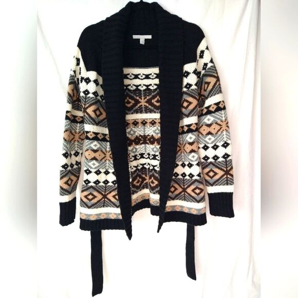 Old Navy Knit Cardigan Tan Black Aztec Southwest Cotton Lambs Wool Blend - Picture 1 of 10